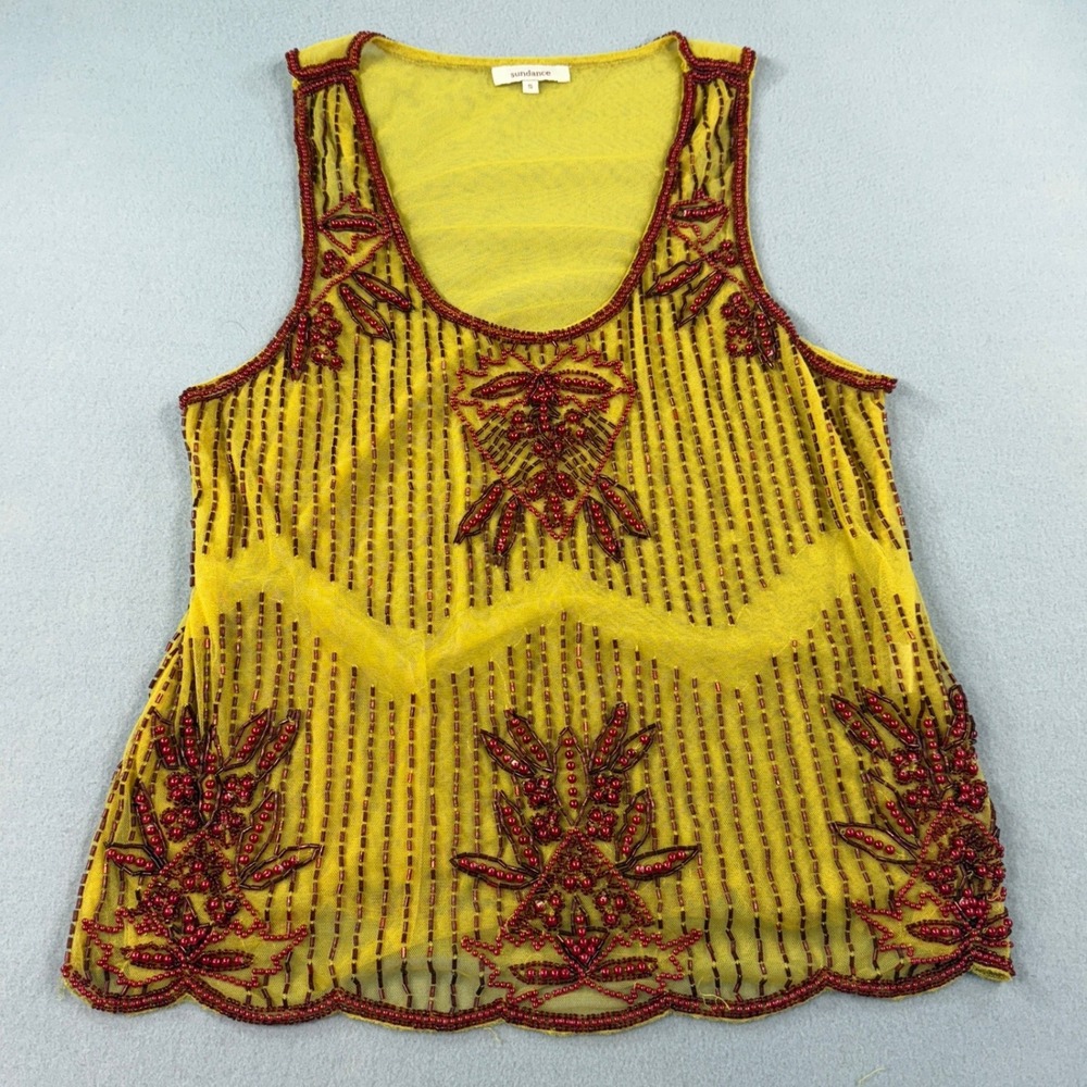 Sundance Beaded Mesh Tank Top Womens Boho Floral Geometric Yellow Red Small
